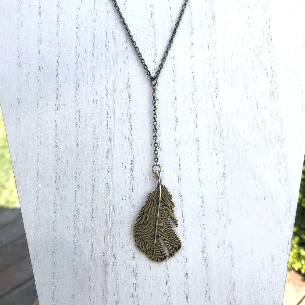 Antique Brass Feather Y-Necklace - Picture 4 of 4